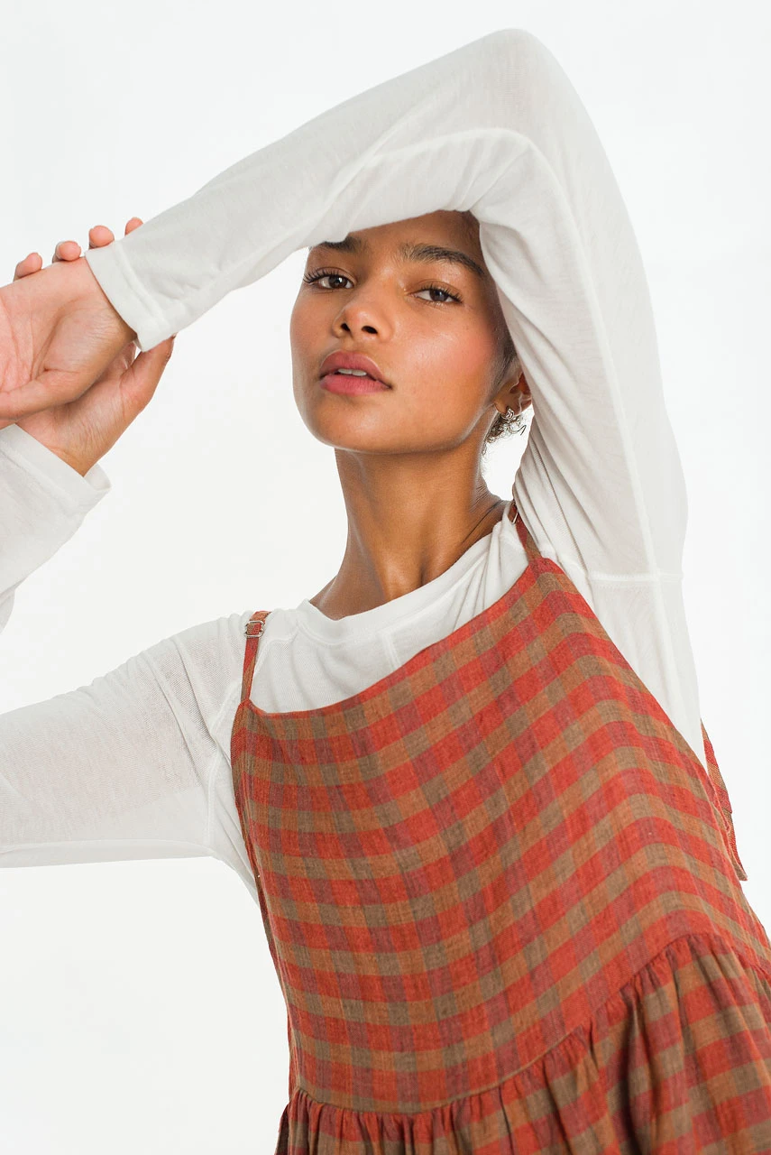 Linen Check Slip Dress, Brick