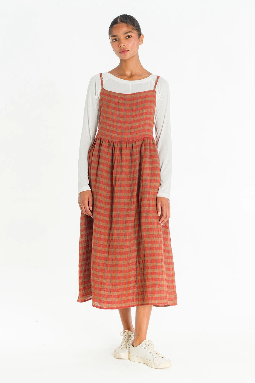 Linen Check Slip Dress, Brick