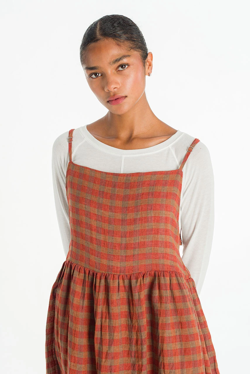 Linen Check Slip Dress, Brick