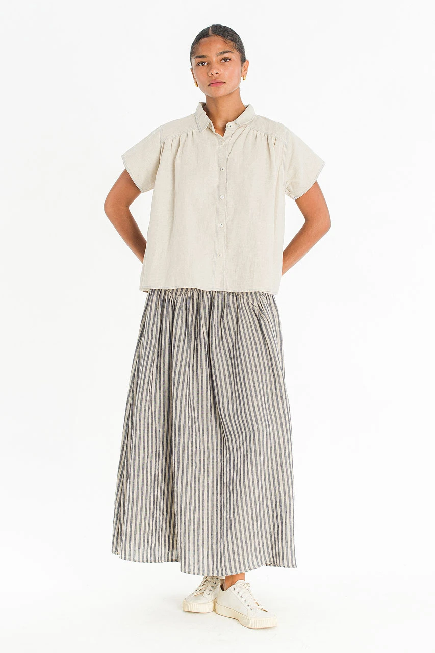Belle Stripe Linen Skirt, Navy