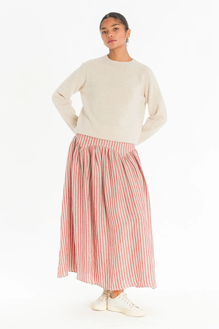 Belle Stripe Linen Skirt, Red