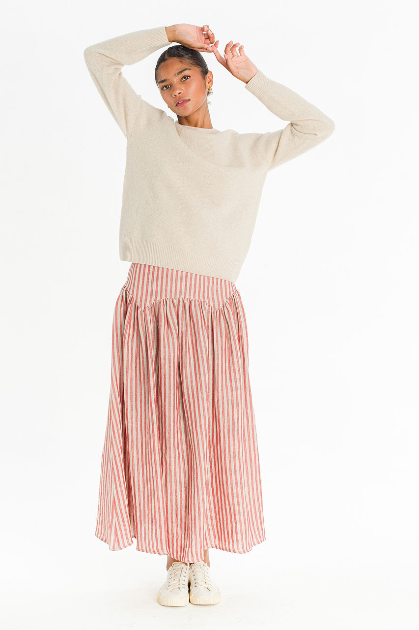 Belle Stripe Linen Skirt, Red