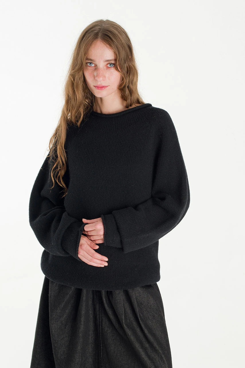 Boat Neck Wool Boxy Jumper, Black