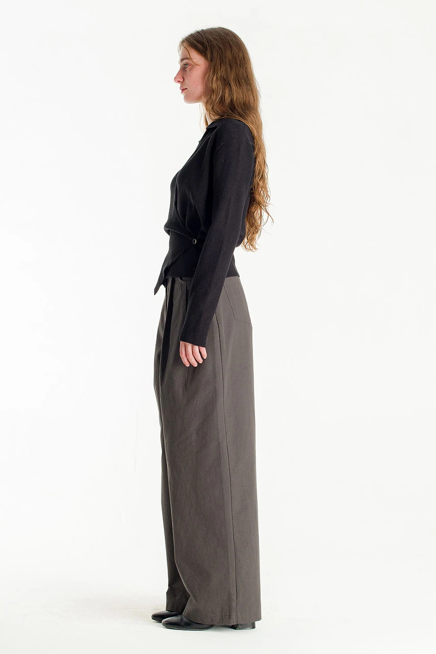 Curved Cotton Trousers, Charcoal