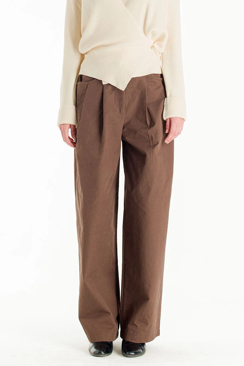 Curved Cotton Trousers, Tobacco