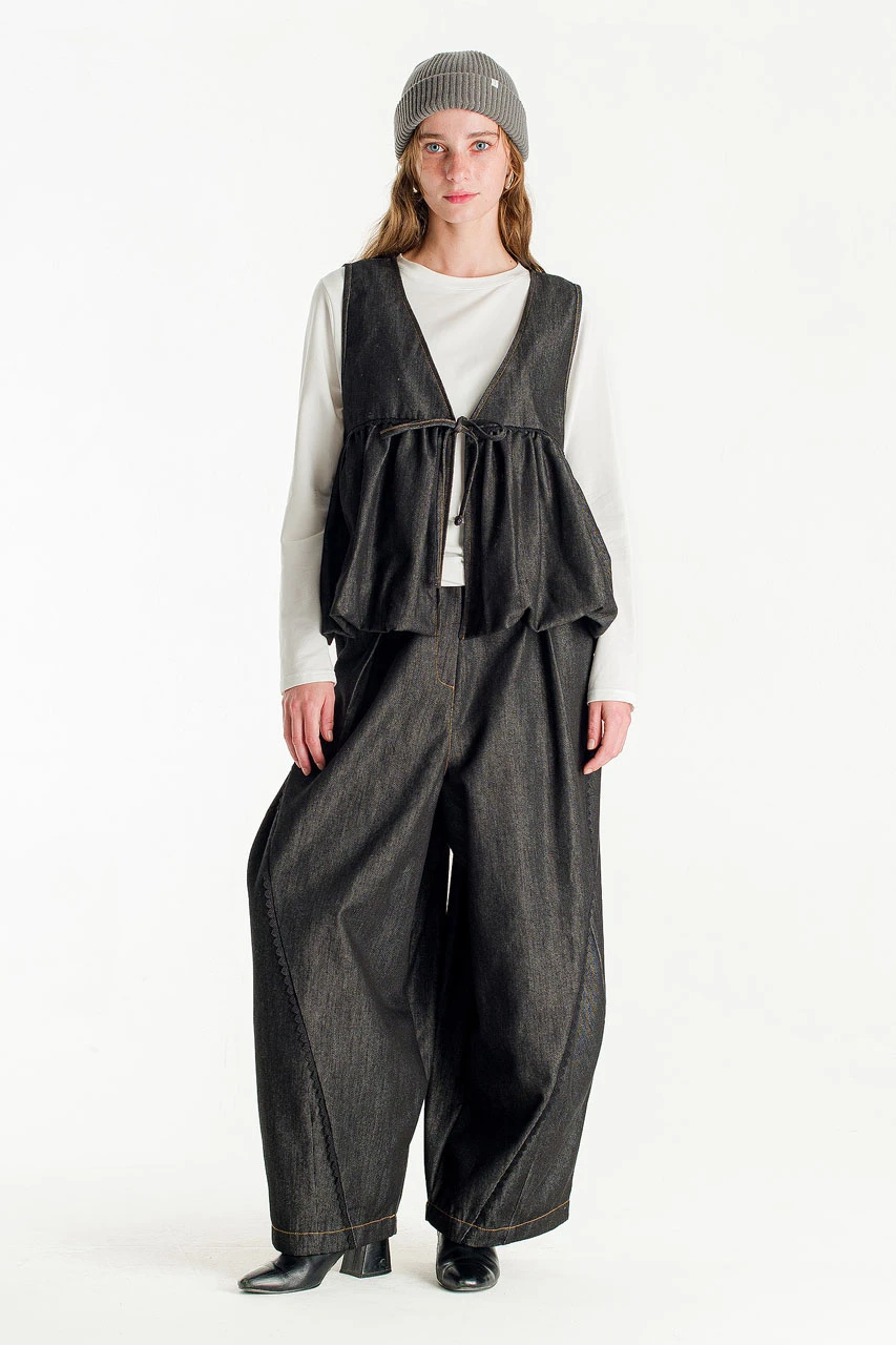 Marden Gathered Tie Vest, Washed Black