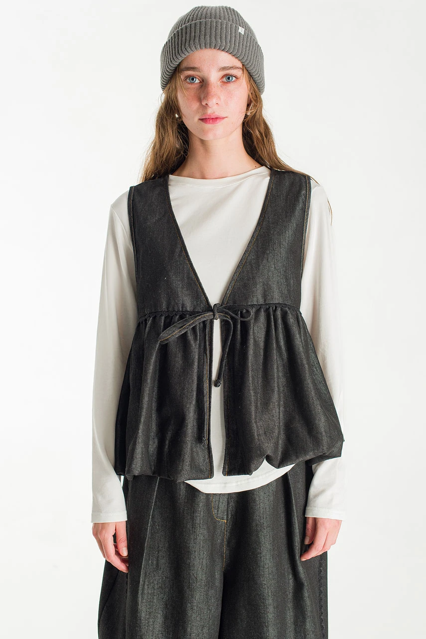 Marden Gathered Tie Vest, Washed Black