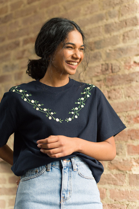 Freesia Vine Embroidery Tee, Navy