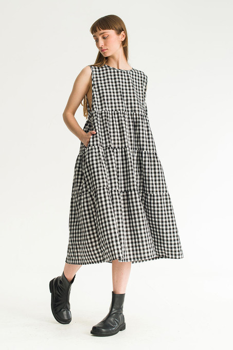 Tiered Gingham Check Dress, Black