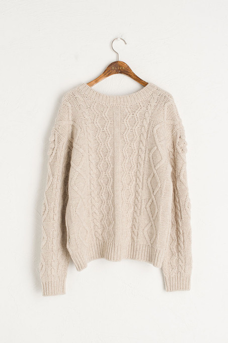 Two-Way Pompom Aran Cardigan, Oatmeal