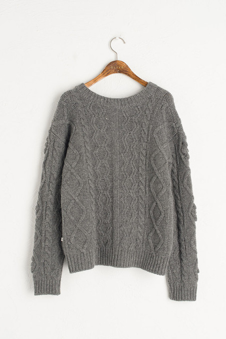 Two-Way Pompom Aran Cardigan, Grey Melange