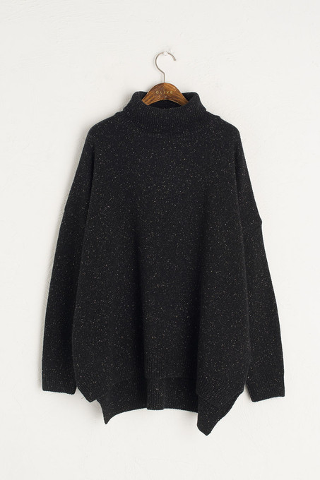 Oversize Boucle Roll Neck Jumper, Black