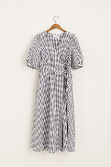 Puff Sleeve Gingham Wrap Dress, Blue