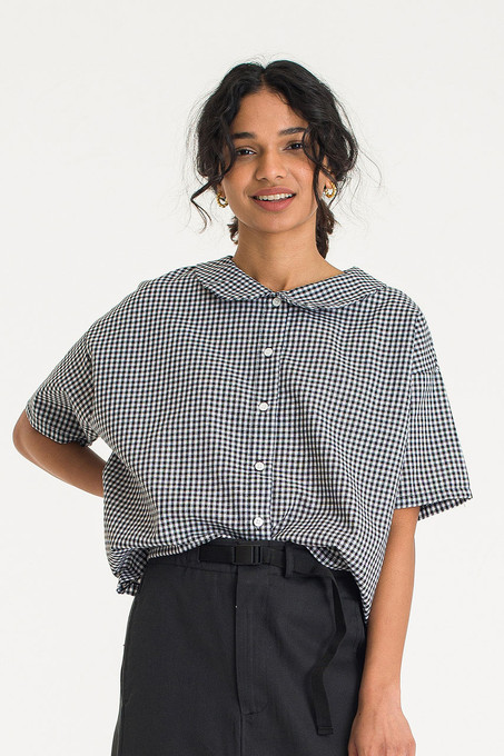 Gingham Check Collar Blouse, Black