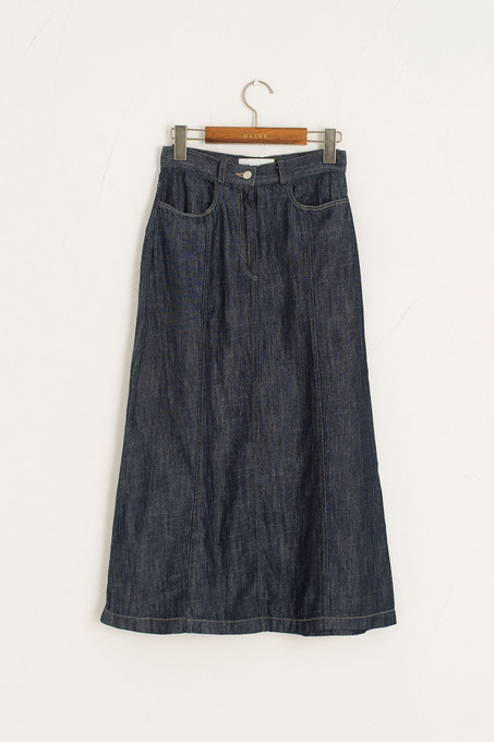 Linen Denim Long Skirt, Dark Blue