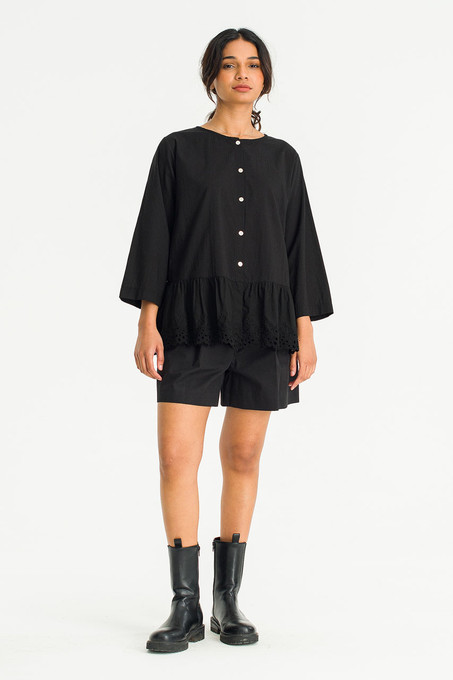 【新品未使用】YILON Bloom lace set blouse BLACK Womens Contrast Lace Button Front Shirt Old Money Style Long