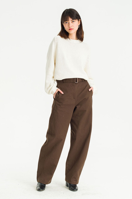 Belted Wide-Leg Cotton Pants, Brown
