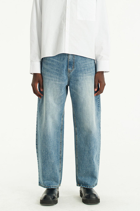 【YOURNUS】Stones Washed Track Wide Denim Menswear | Stone-Washed Wide Jeans, Mid Blue