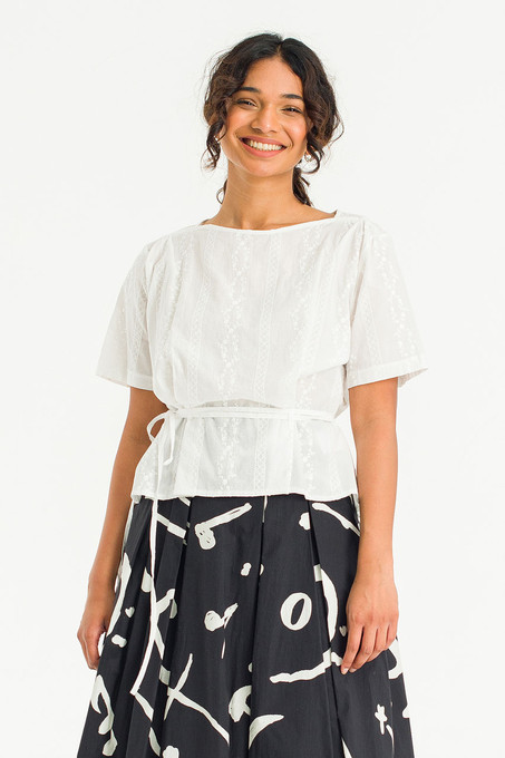 Boat Neck Lace Blouse, Ivory