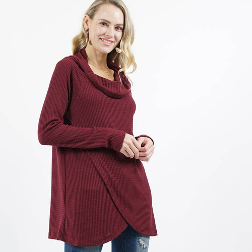 Brushed Waffle Knit Cowl Neck Tulip Front Tunic - Burgundy