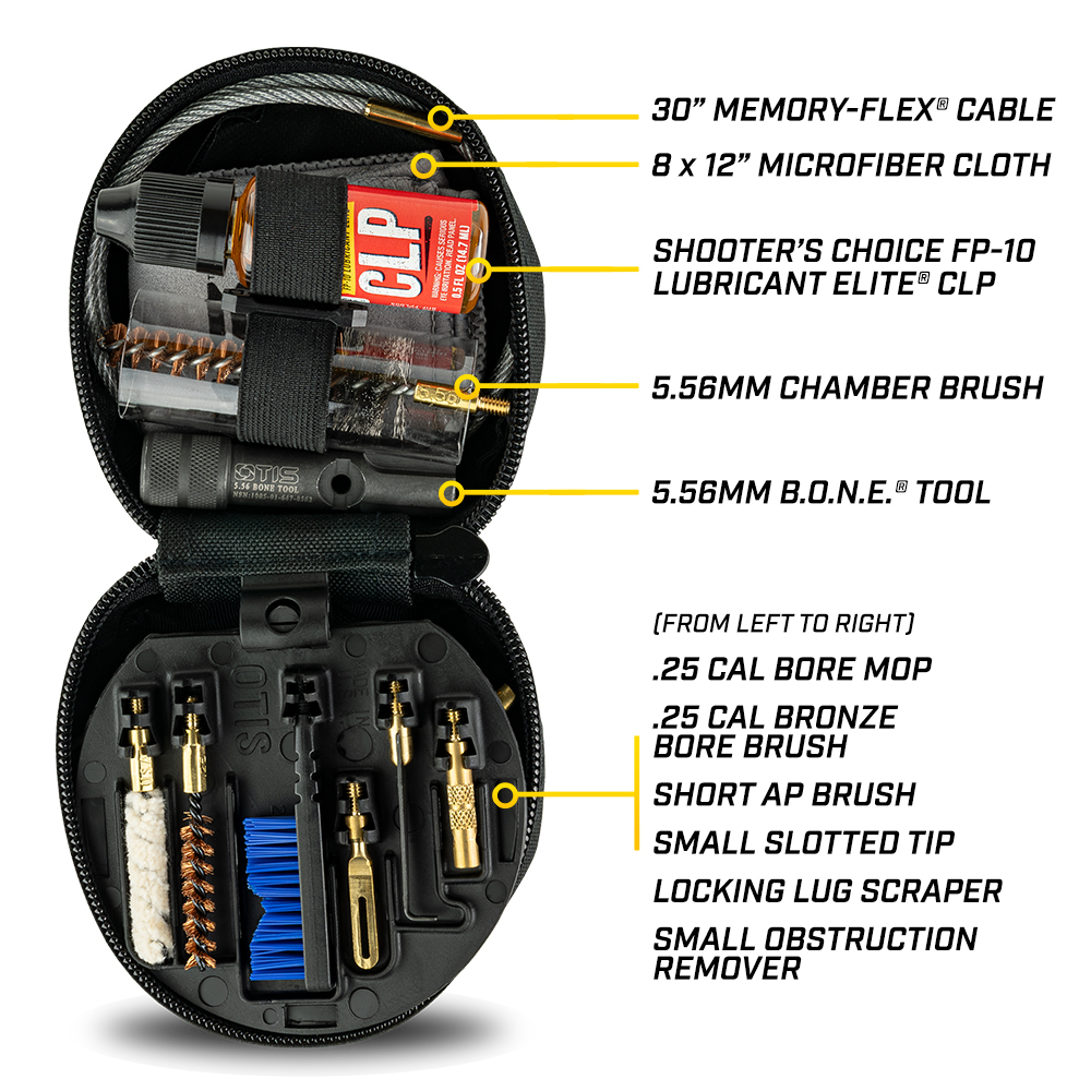 infographic of Otis Technology MSR/AR Cleaning Kit (.223 cal/5.56mm) text callouts of kit contents 