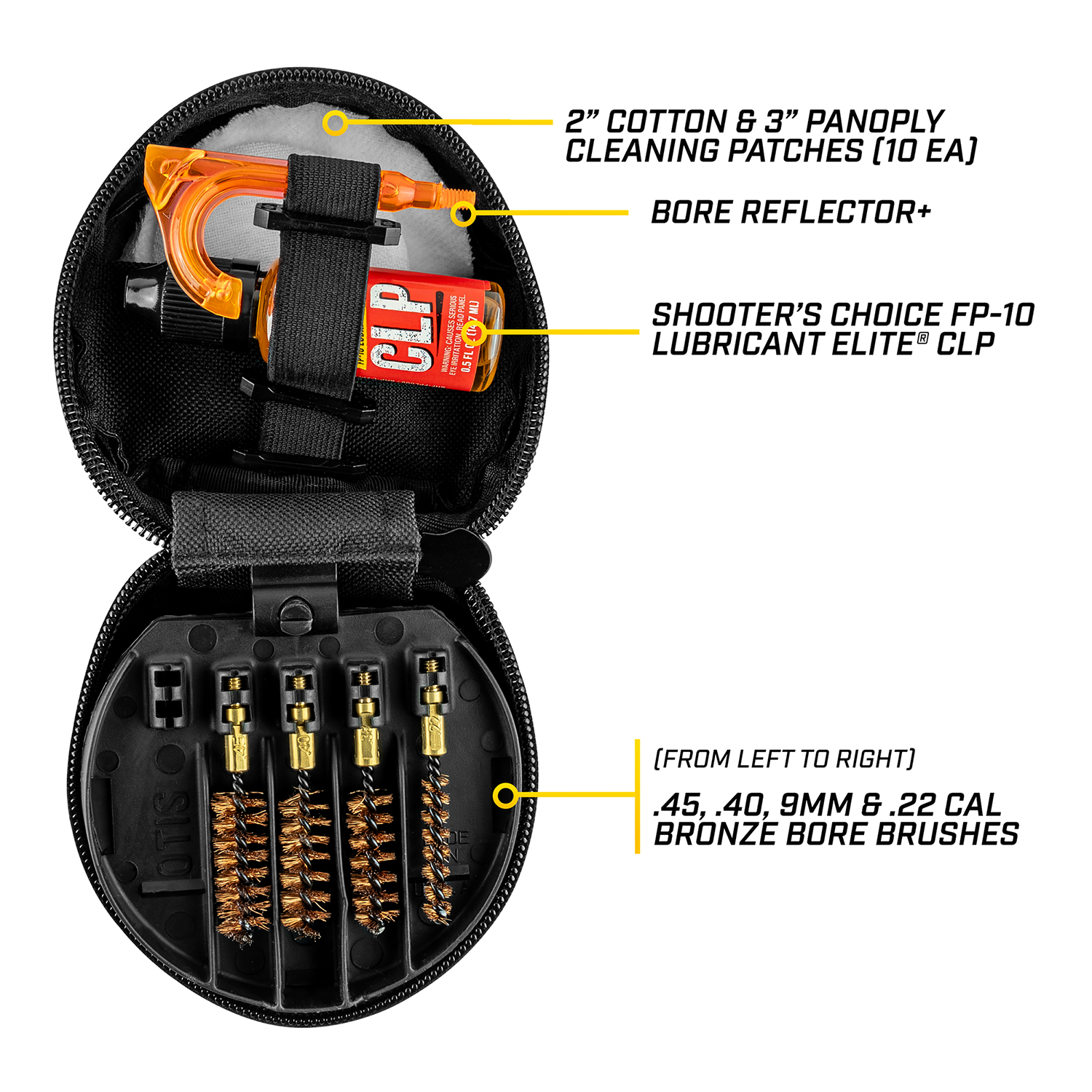 Product image of Otis Technology Universal Pistol Cleaning Kit with text callouts
