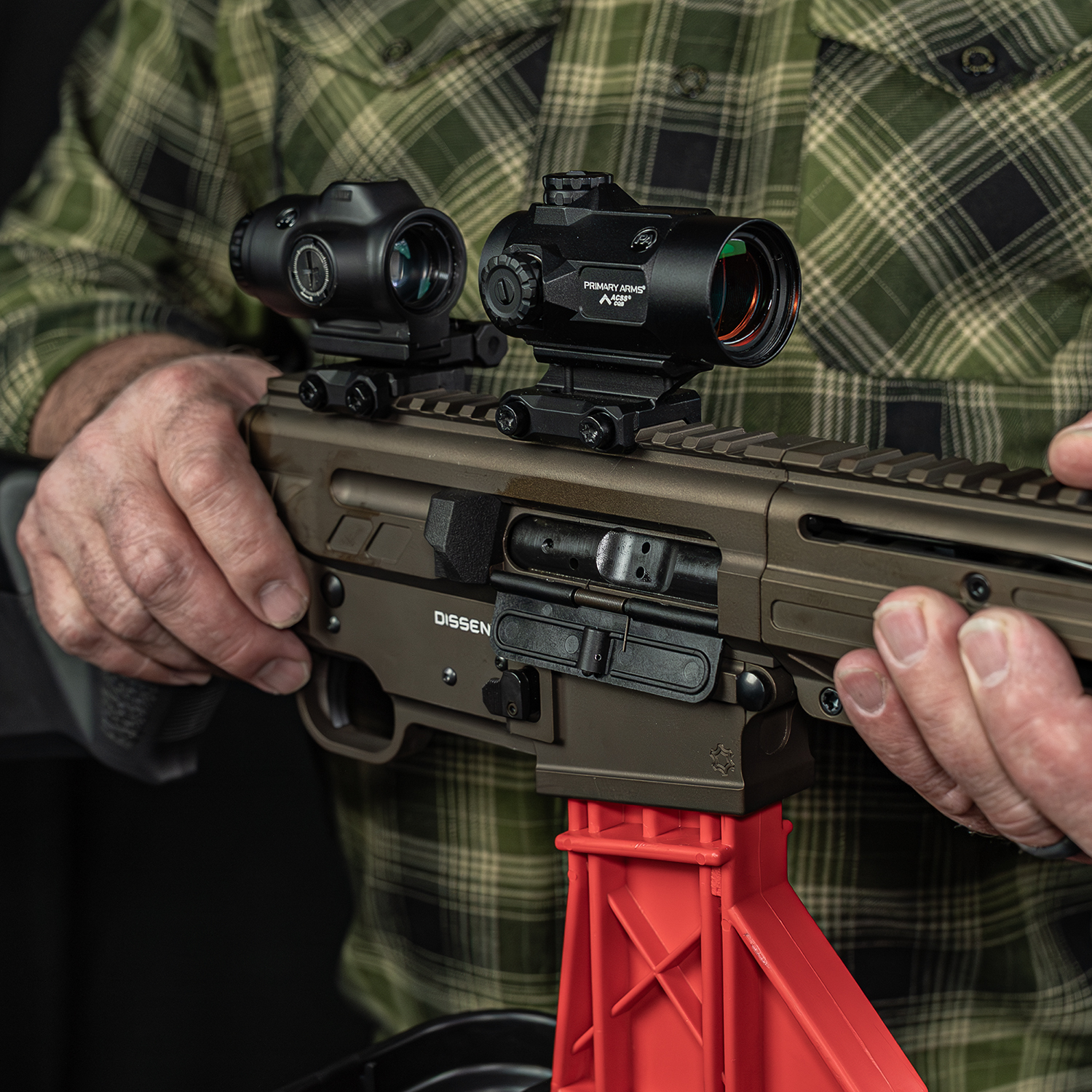 LIfestyle image of Otis Elite Range Box, Universal Gun Care System 5.56 magwell block in use