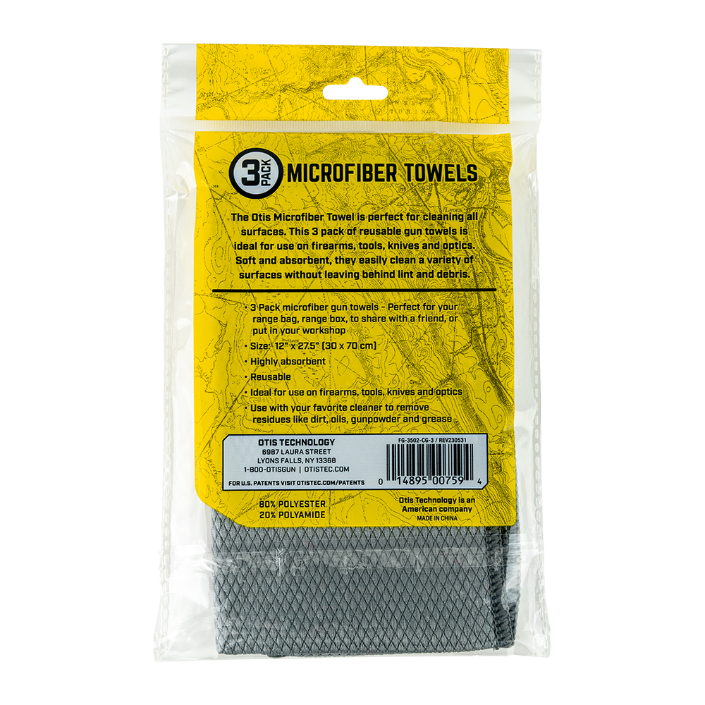 Product image of Otis Technology 3 Pack Microfiber Gun Towels in retail packaging (back)