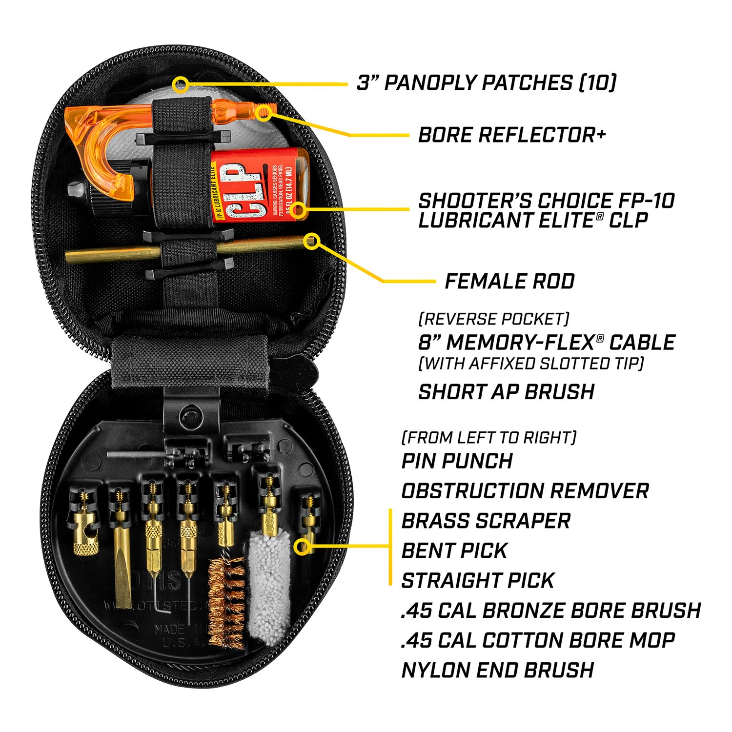 Product image of Otis Technology .45 Cal Pistol Cleaning Kit with component callouts