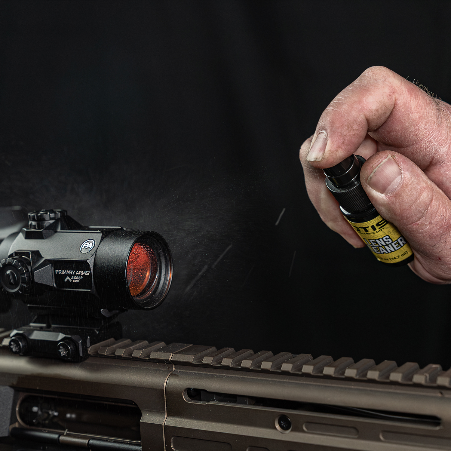Lifestyle image of Otis Technology AR Elite Range Box Gun Care System for .223/5.56  lens spray shown in use