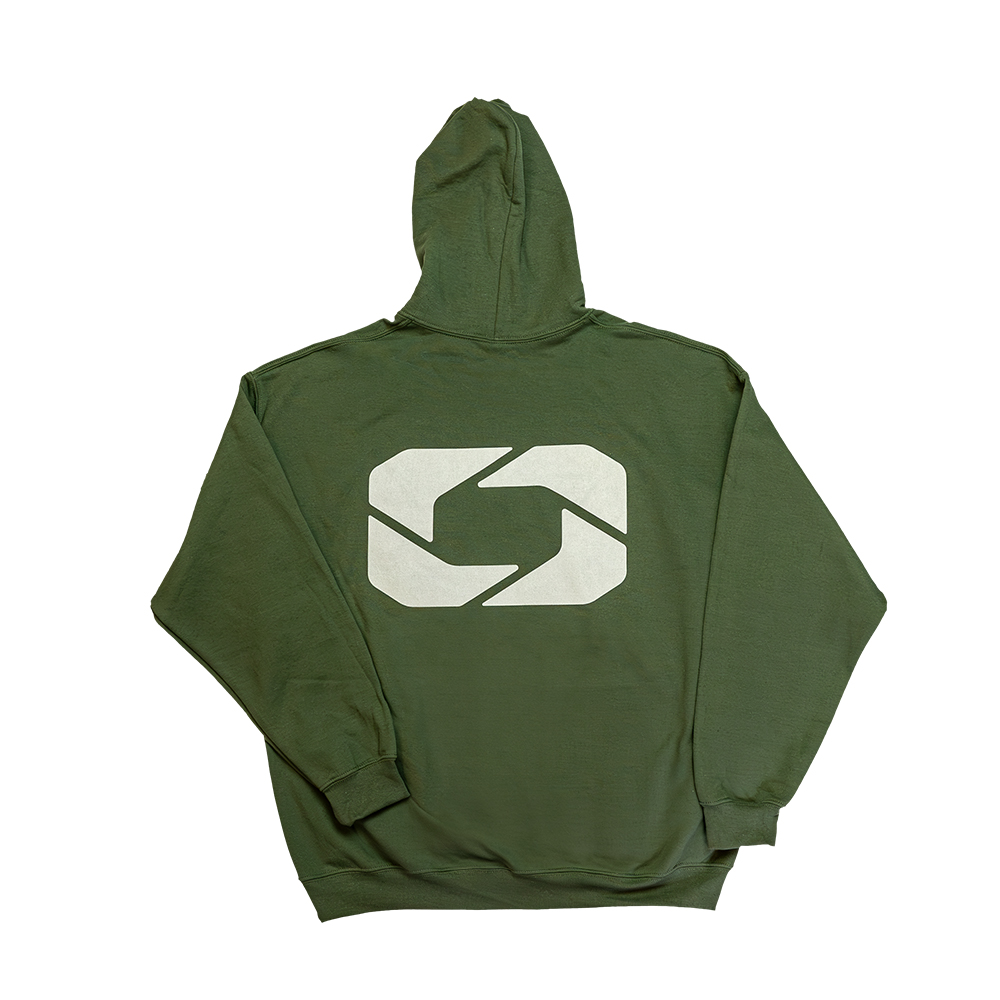 Product photo of back of Otis Smart Gun Care Logo Gildan Adult Heavy Blend™ 8 oz., 50/50 Hooded Sweatshirt, Color: Olive Drab