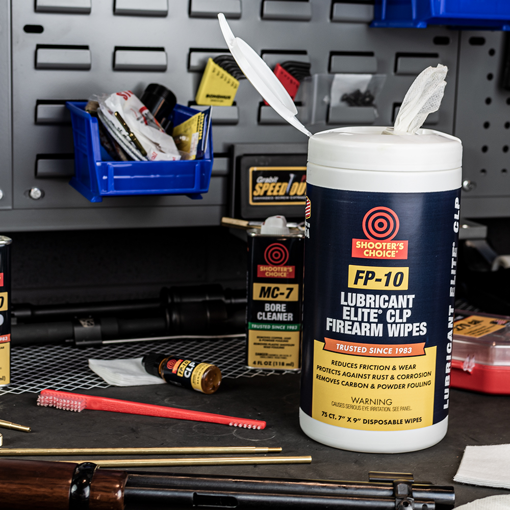 Lifestyle image of  image of Shooter's Choice FP-10 Lubricant Elite CLP Firearm Wipes 75ct in use
