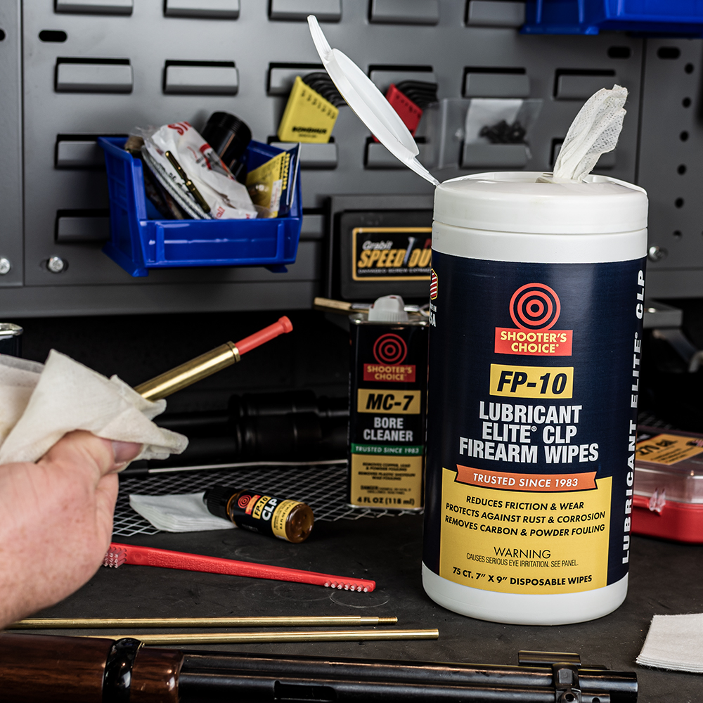 Lifestyle image of  image of Shooter's Choice FP-10 Lubricant Elite CLP Firearm Wipes 75ct in use
