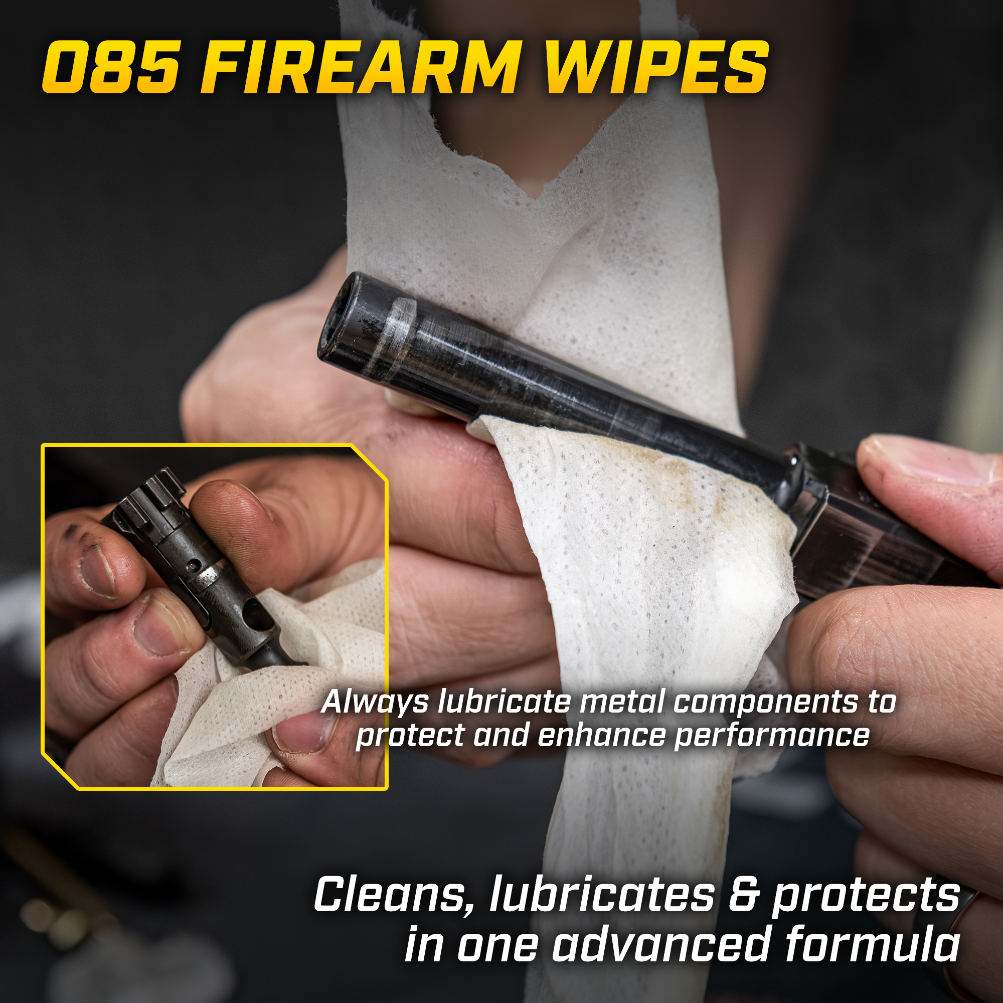 Lifestyle image of Otis Technology O85® CLP Firearm Wipes in use on pistol barrel and bcg