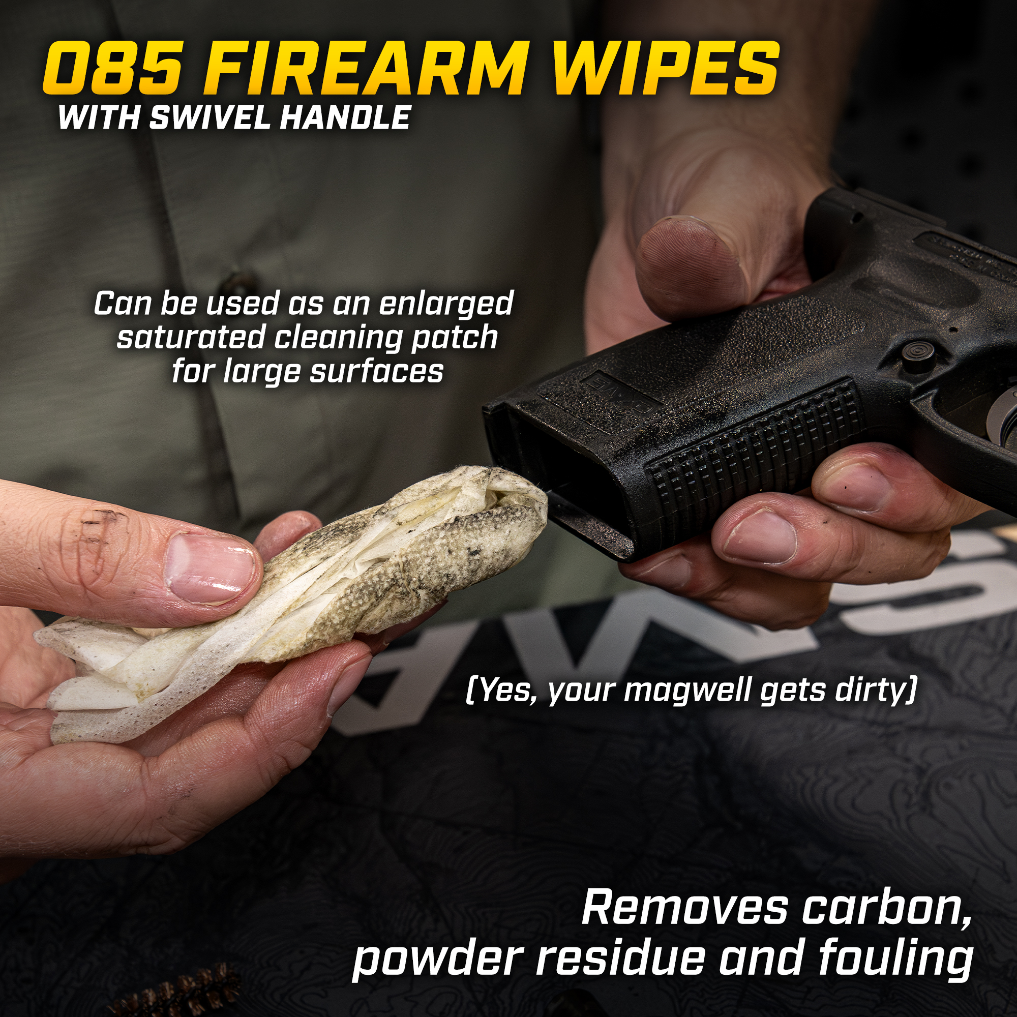 Lifestyle image of Otis Technology O85® CLP Firearm Wipes in use in use on magazine well