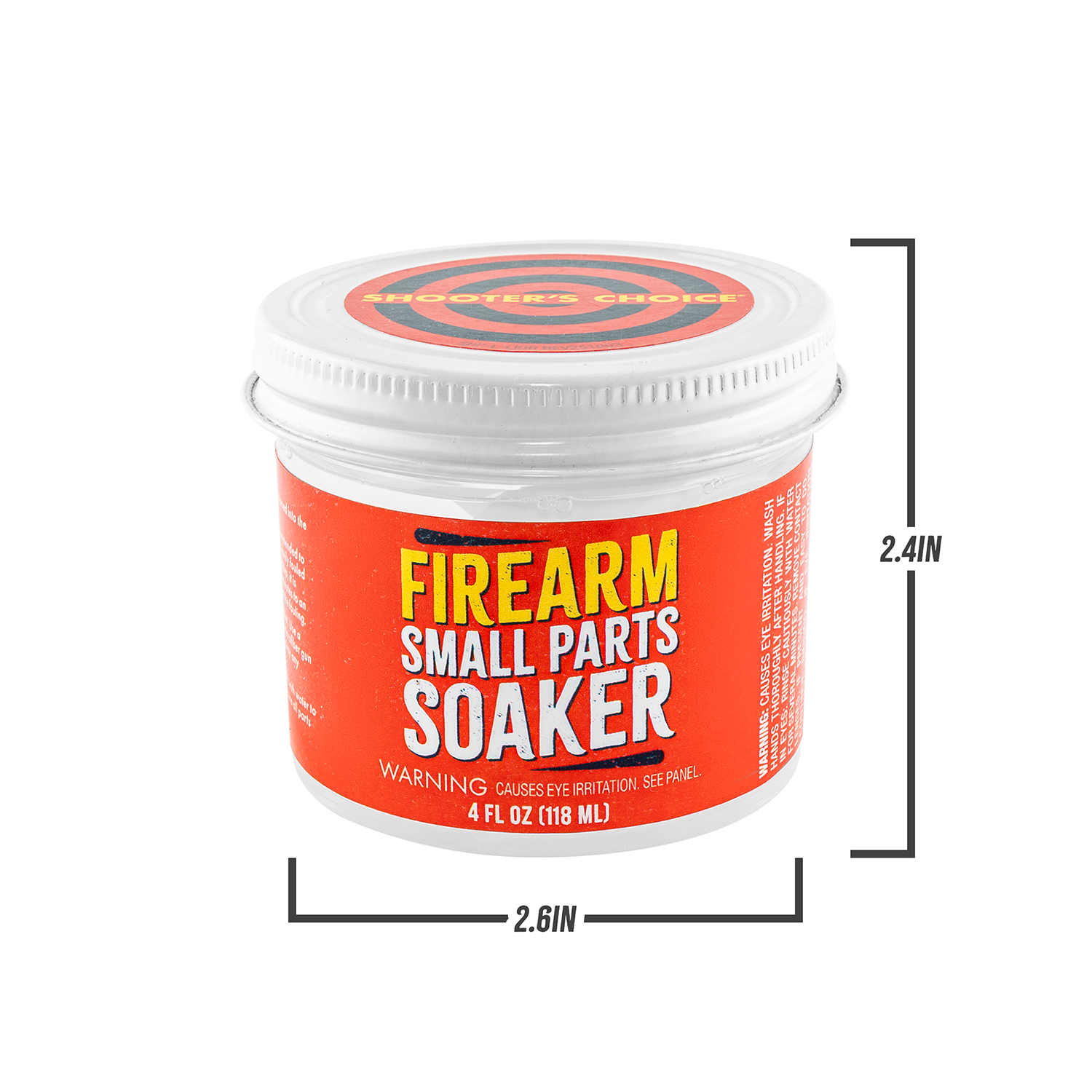 Product image of Shooter's Choice Firearm Small Parts Soaker 4oz shown with external dimensions displayed