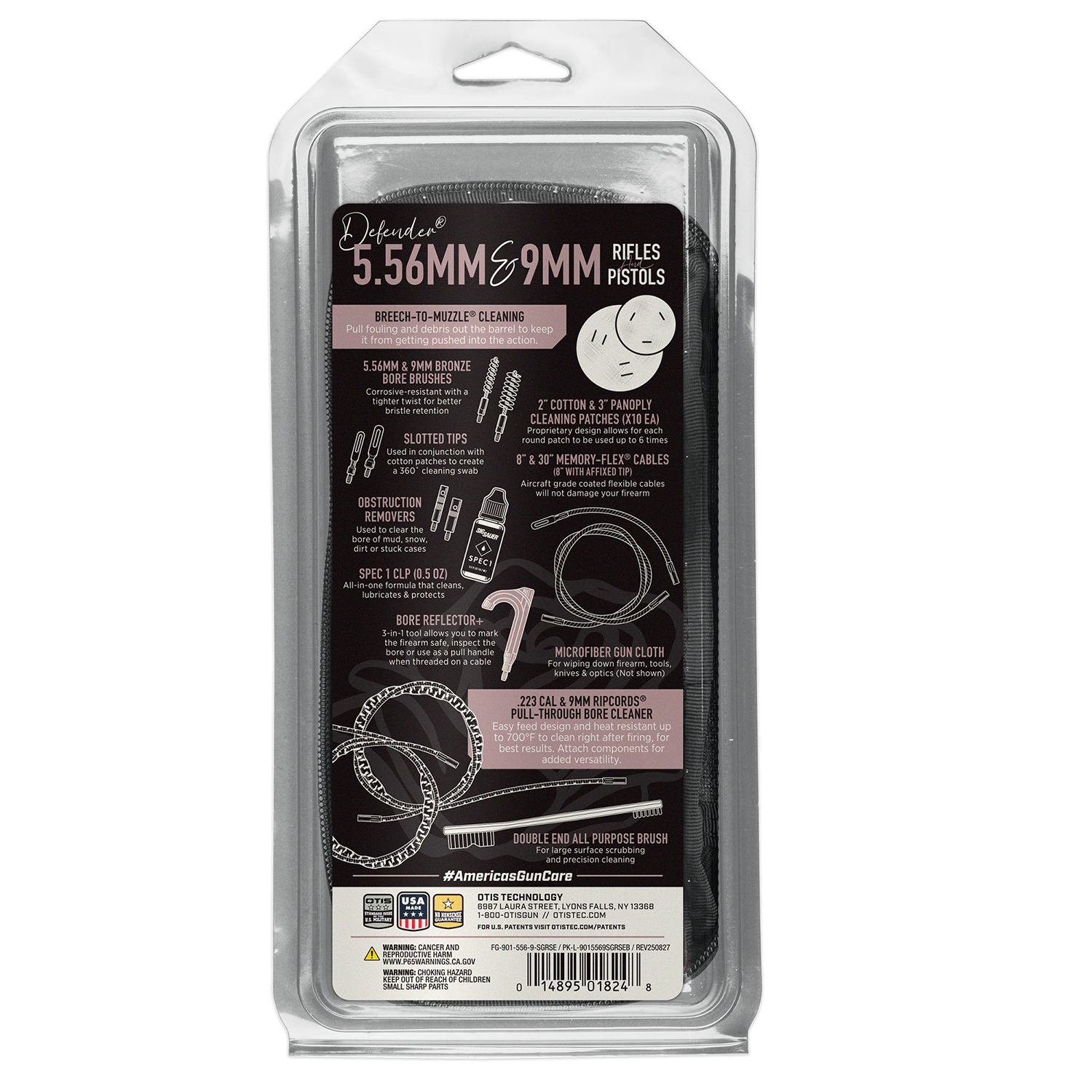 Product image of Otis Technology ROSE™ by Sig Sauer 5.56mm & 9mm Rifle & Pistol Cleaning Kit shown open in retail packaging - back