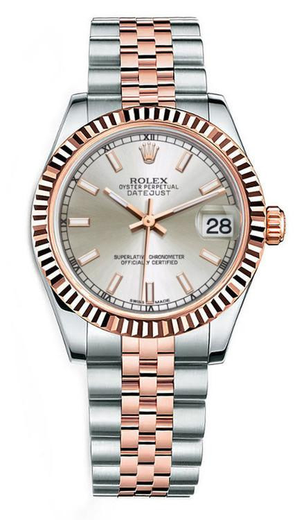 Rolex New Style Datejust Rose Gold Midsize Two Tone Silver Index