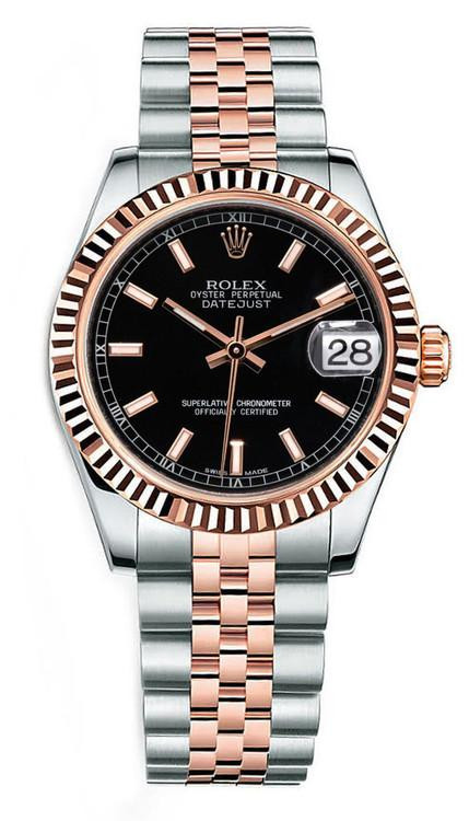 Rolex New Style Datejust 178271 Midsize Rose Gold Black Index Dial