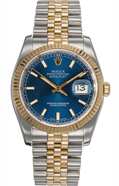 Rolex New Style Datejust Two Tone Fluted Bezel Blue Index Dial 116233