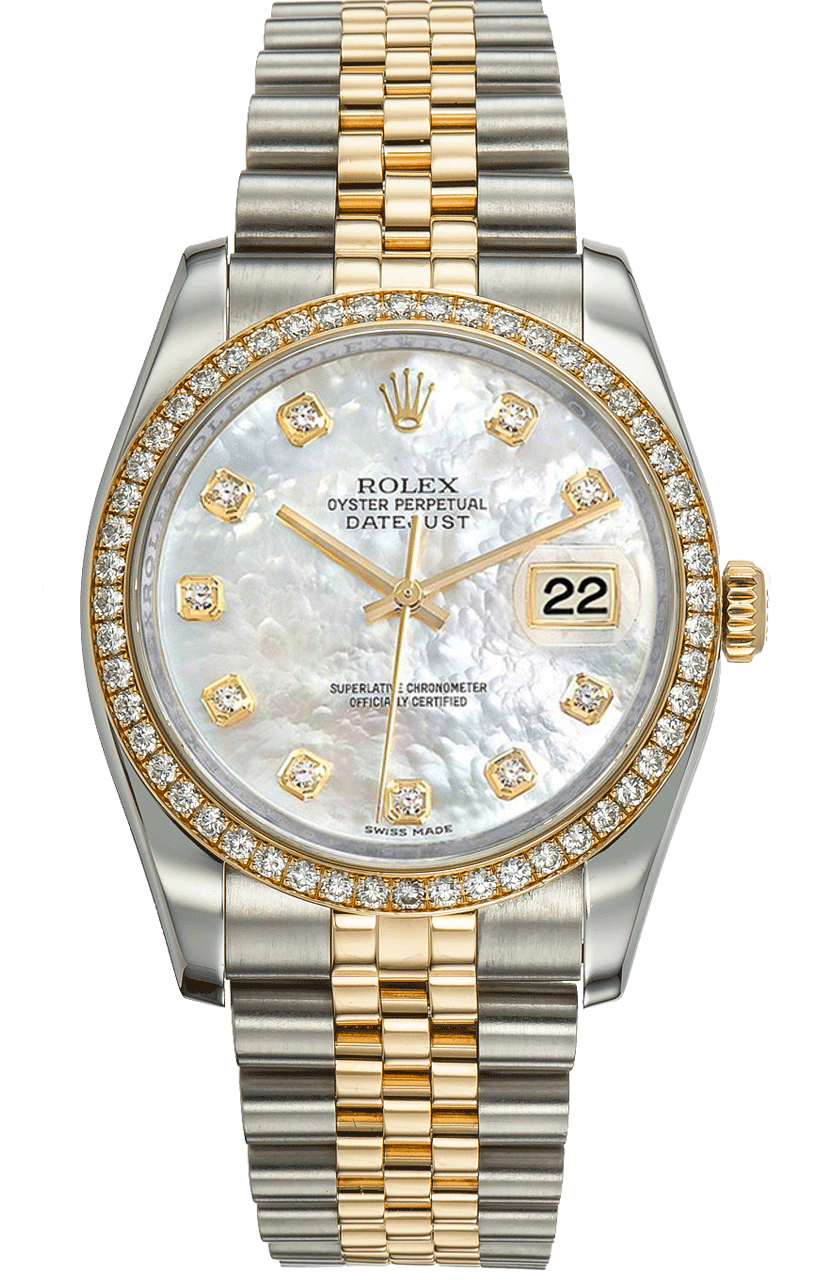 LADIES ROLEX DATEJUST FACTORY DIAMOND TWO TONE 18K YELLOW GOLD STEEL WATCH