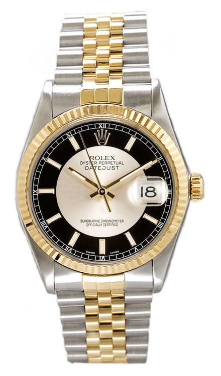 時計 ROLEX Rolex Men's Two-Tone Genuine 4link Rolex Men's Datejust Two Tone Fluted Factory Black Tuxedo Dial