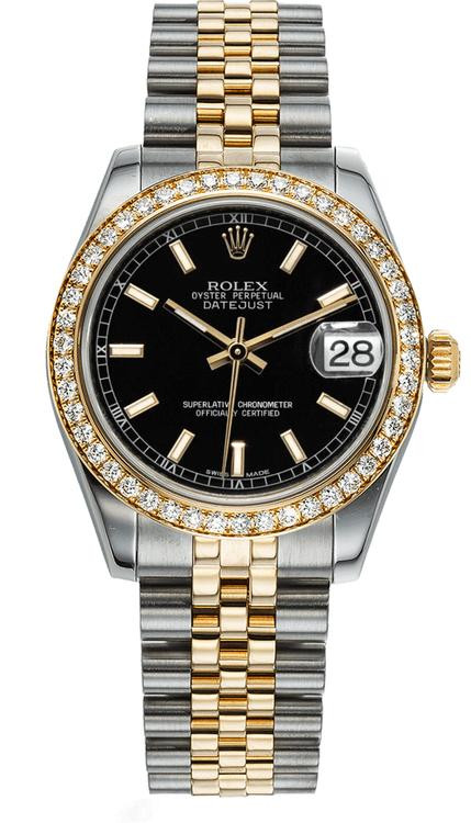 Rolex Datejust Midsize Two-Tone Black Dial Diamond Bezel Watch