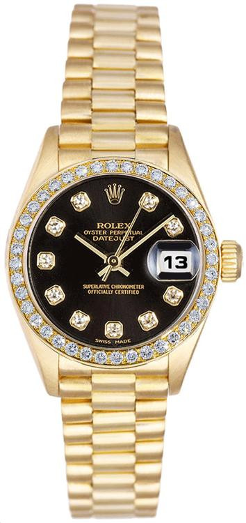 Rolex Women's President Yellow Gold Factory Diamond Bezel and