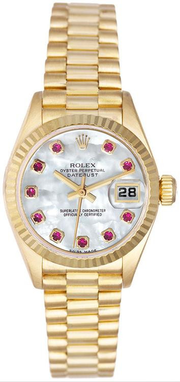 Rolex Women's President Yellow Gold Factory Mother of Pearl Ruby
