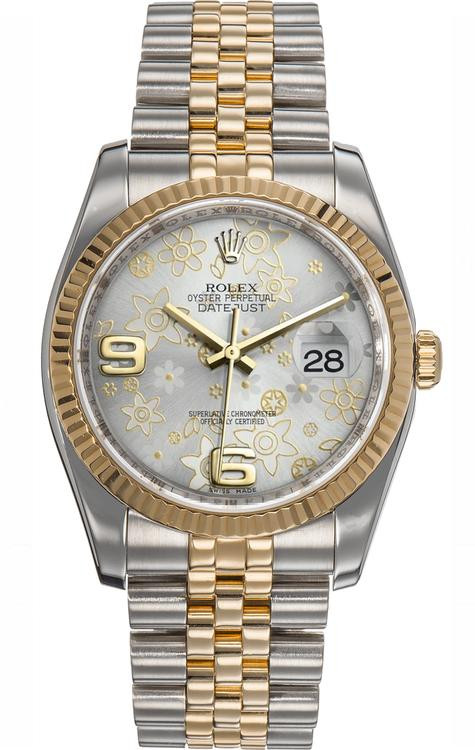Rolex New Style Datejust Two Tone Factory Silver Floral Dial on