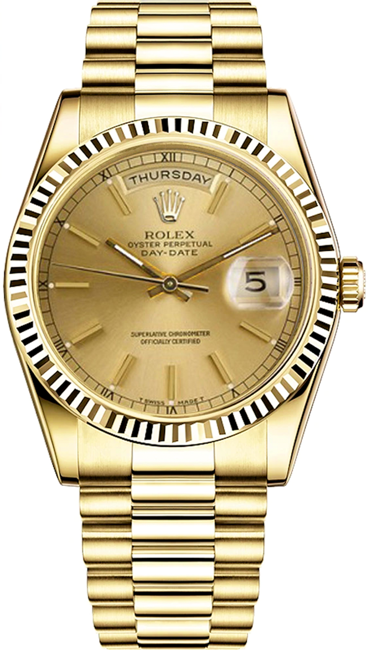 Rolex Men's Day Date President Yellow Gold Fluted Champagne Index Dial 18038