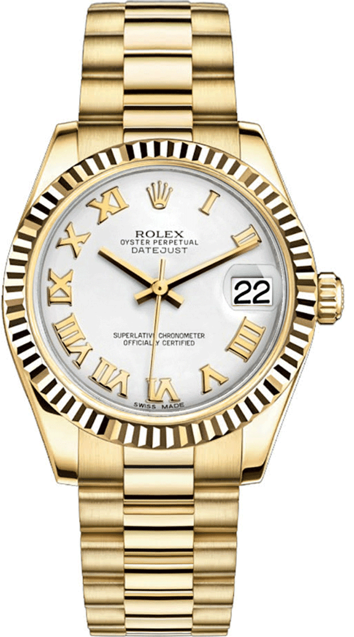 Rolex Women's President Midsize Fluted White Roman Dial