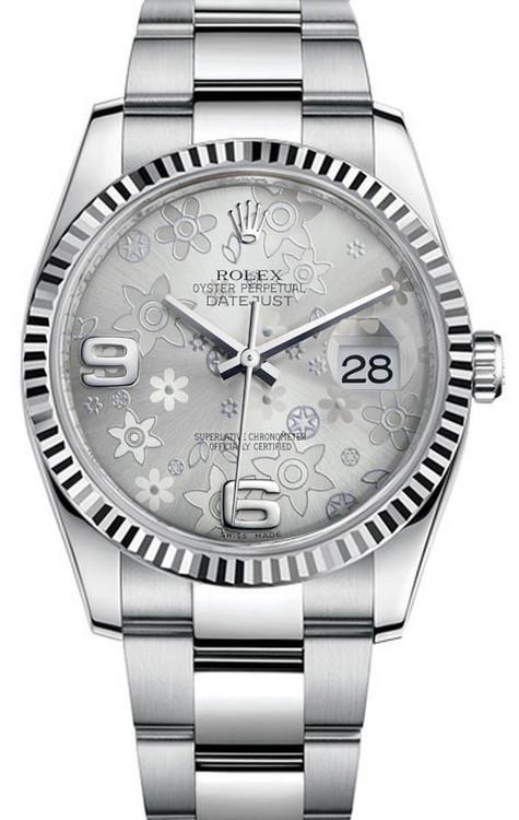 Rolex Datejust SS Silver Floral Dial Oyster Bracelet Watch 116234