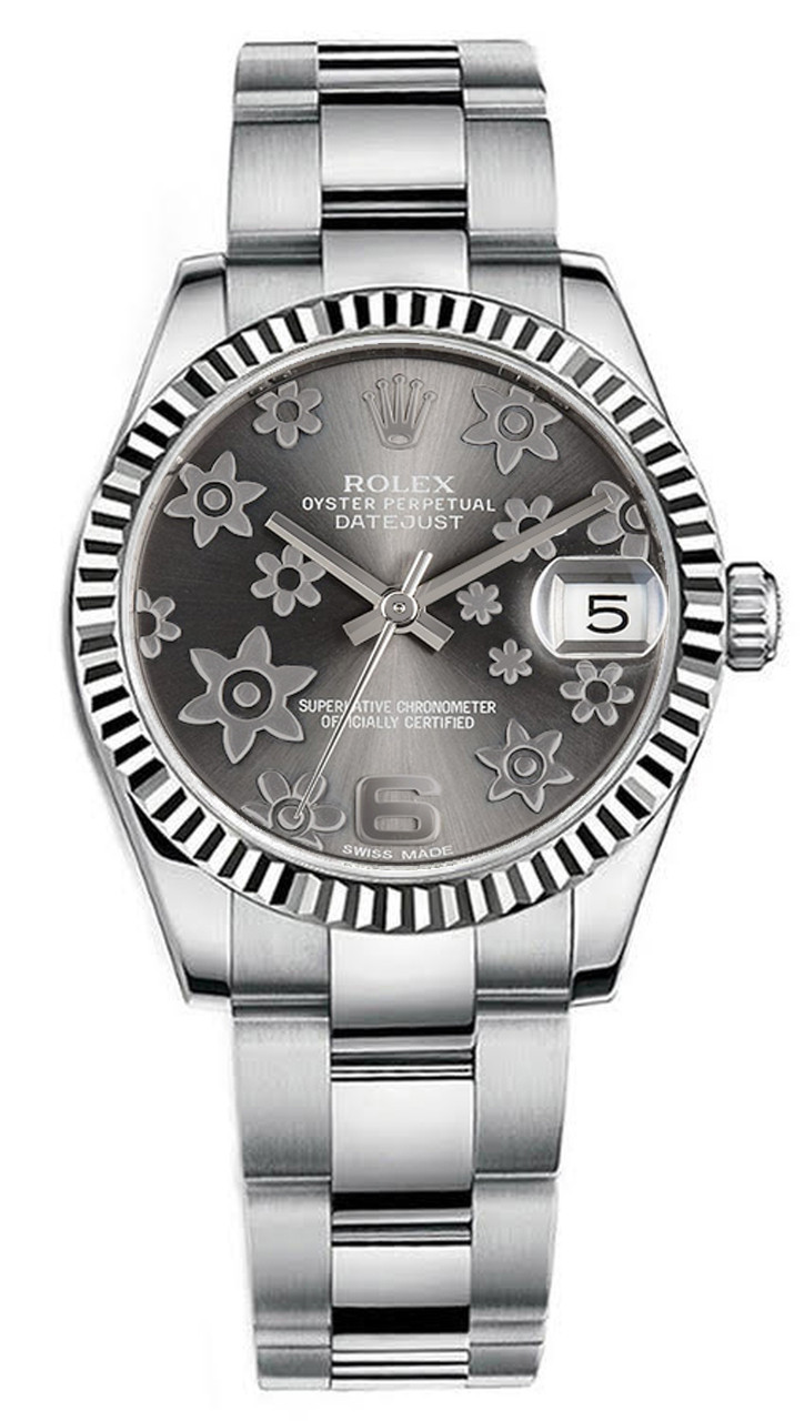 Rolex Style Datejust Midsize Stainless Steel Factory Rhodium Flower Dial 178274